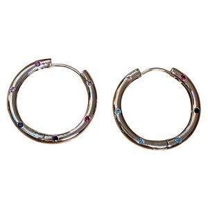 New Multicolor Rhinestone Openwork Hoop Earrings Silver tone Festival Chic Retro